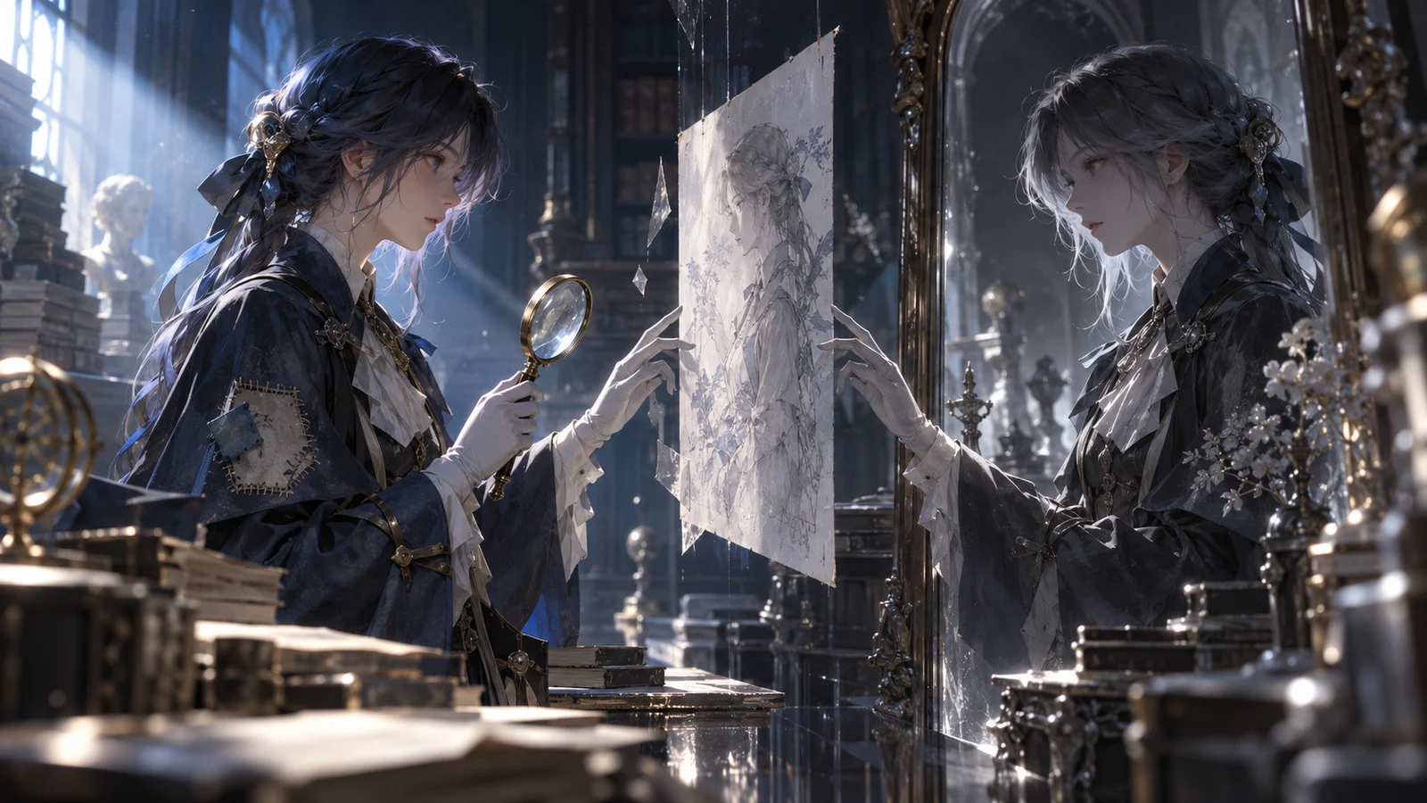 A cinematic editorial illustration shows an archivist facing a mirror-like drawn duplicate.
