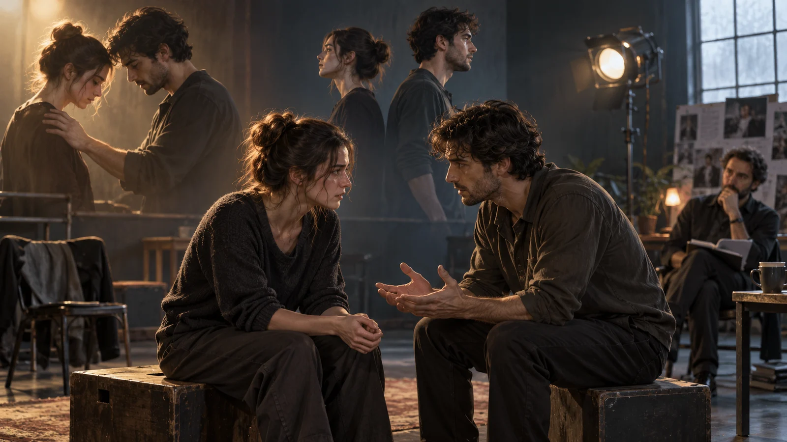 Original text-free cinematic illustration: a director beside a camera watches two actors arguing across a table in a dim rehearsal room, a key between them. Three compositions show probing eye contact, shared focus in trust and separate gazes in distance. Not a product screenshot.