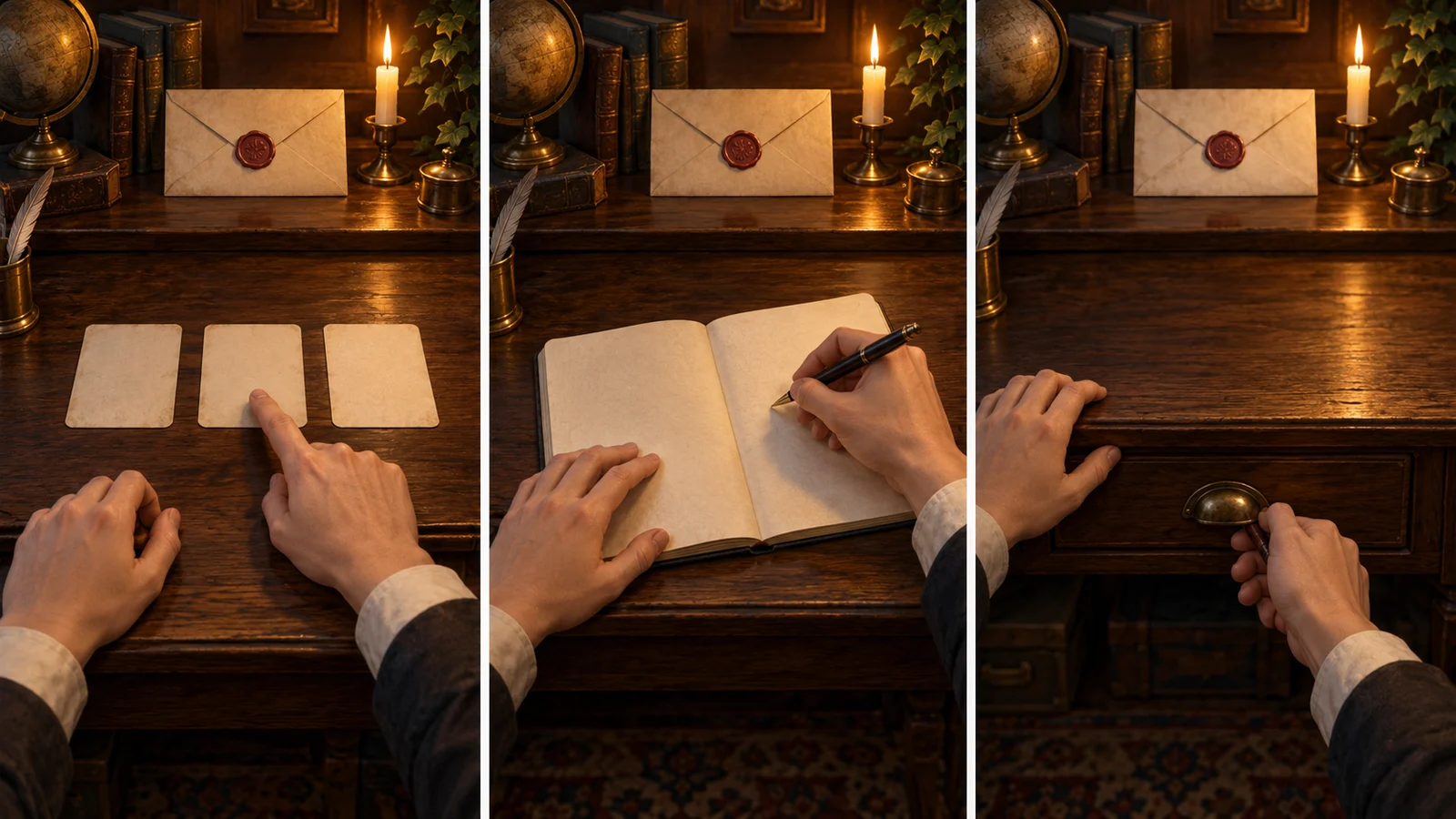 Original text-free cinematic illustration: one sealed letter sits on an archive-room desk. Three sets of hands point to blank choice cards, write in a text-free notebook and hold a drawer handle beside the letter, showing three forms of participation. No real product interface.