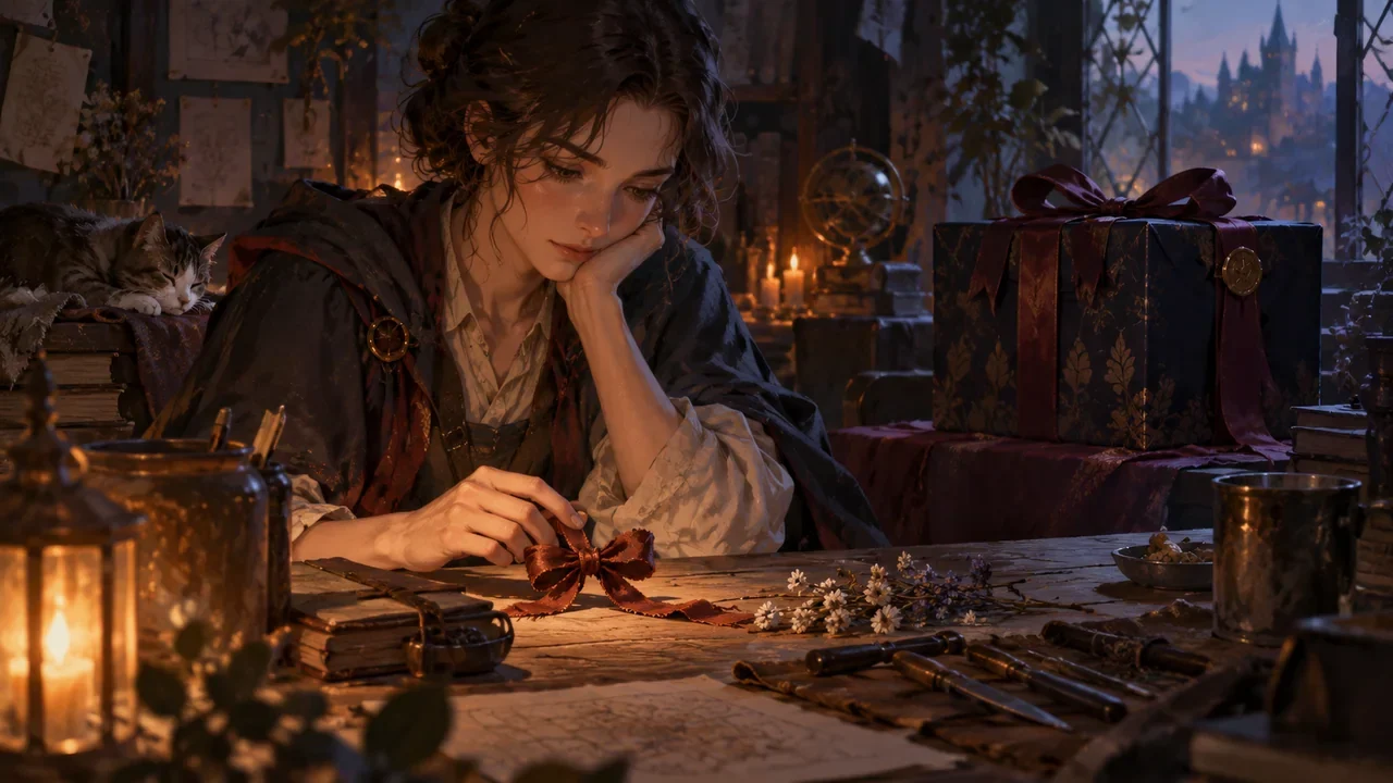A simple handmade ribbon rests beside a character's work tools while a lavish wrapped box stays closed in the background, intimate and appreciative rather than transactional.