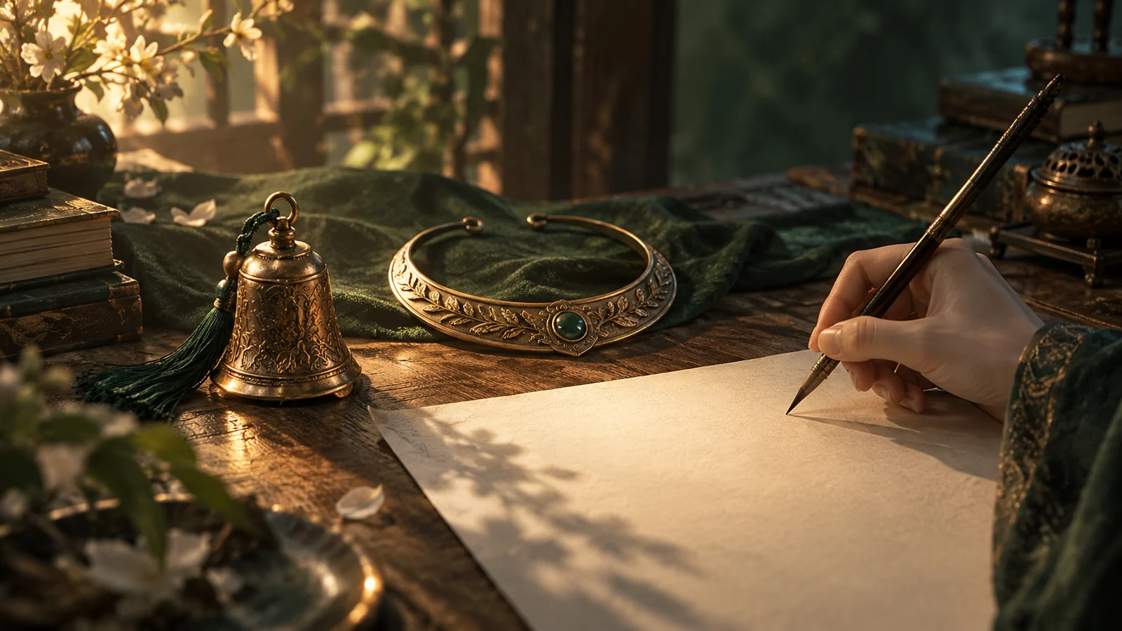 Cinematic editorial illustration: a copper bell and a copper collar ornament sit side by side on a table.