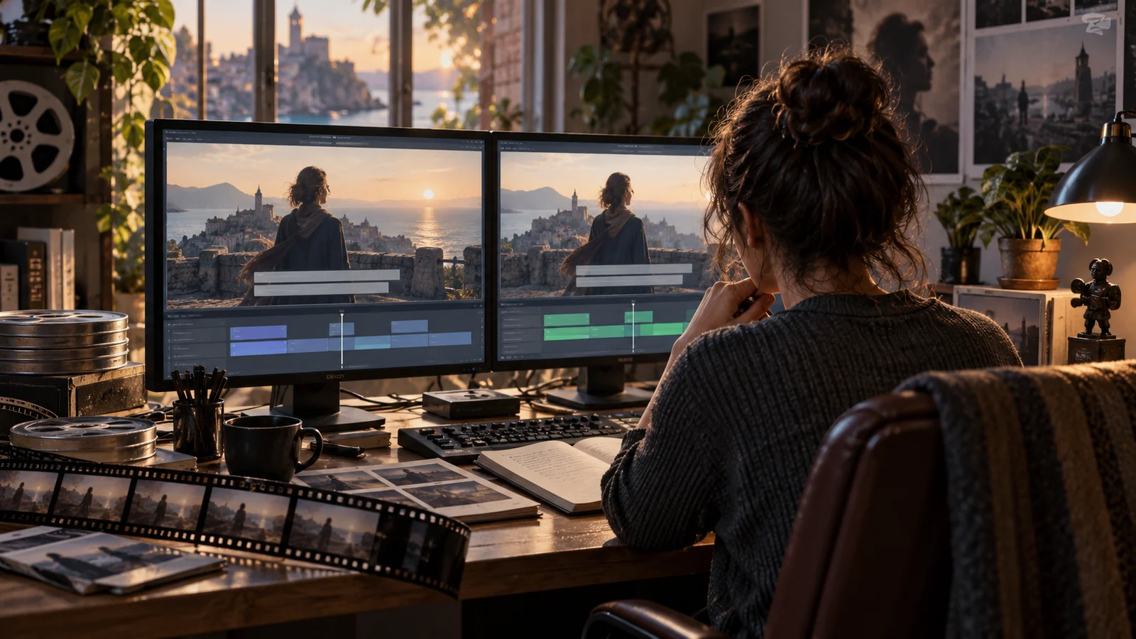 Original text-free cinematic illustration: a subtitle editor in a dim editing room compares corridor shots before and after a pickup, colored time tracks and paired version cards to check video-subtitle correspondence. A conceptual scene, not a product screenshot.