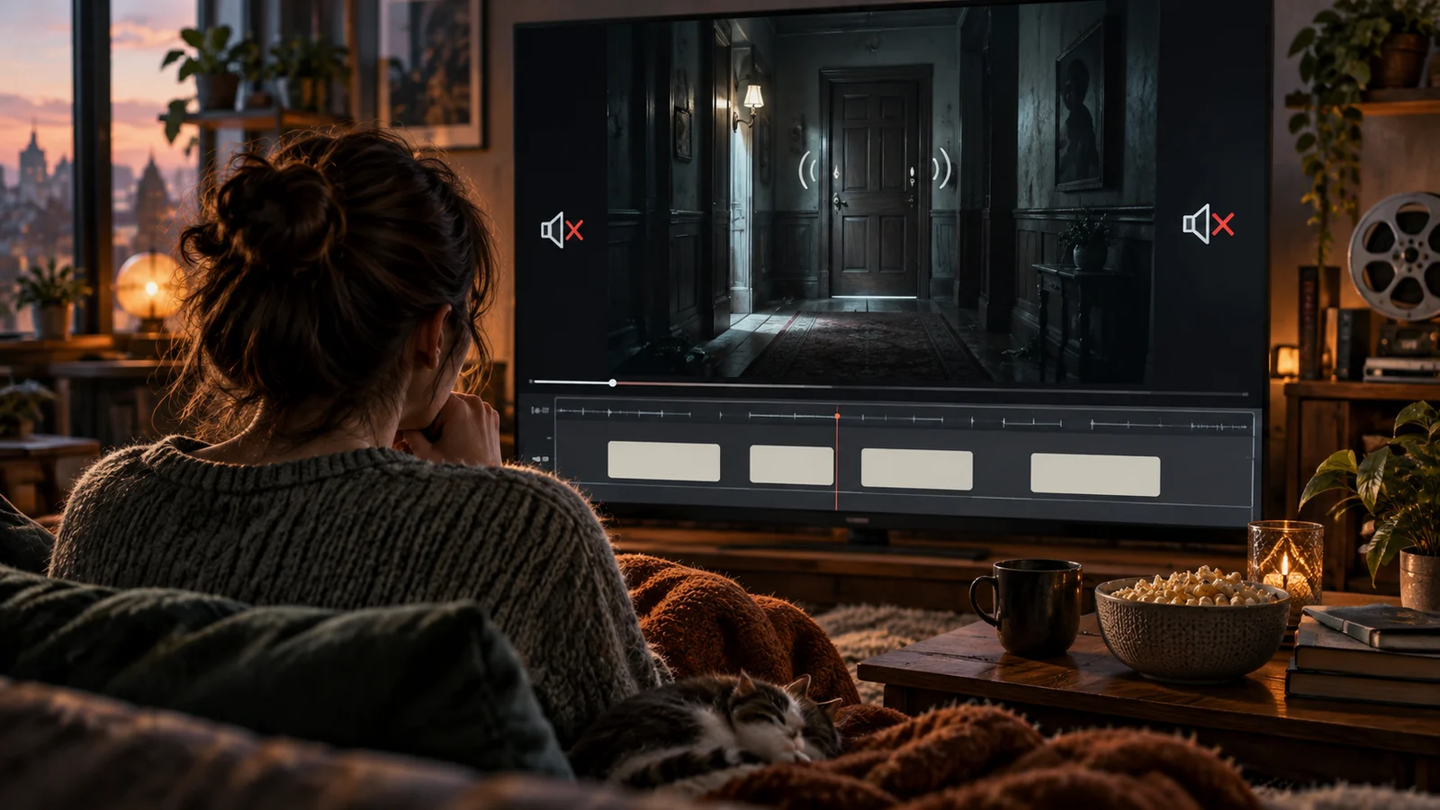 Original cinematic article illustration: in a dim editing room, an editor compares two image sequences from a ferry landing to boarding. Cards show an announcement, knocks through a partition, and a turn in a cargo shed. No text; not a product screenshot.
