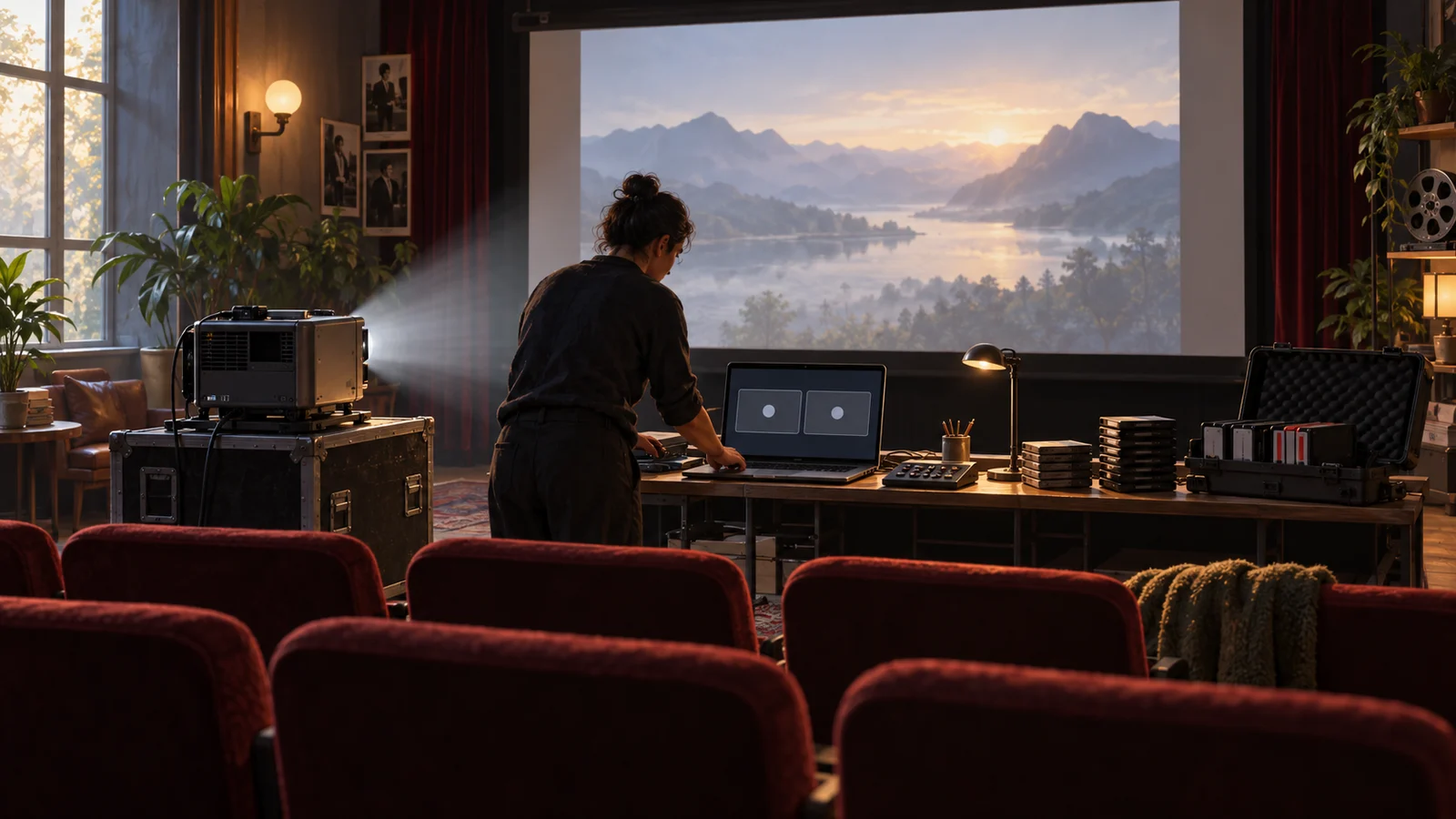 Original cinematic article illustration: in a dim screening venue, a presentation lead organizes a laptop, local storage, and three sets of screening material. A fictional station scene appears on the projection behind them. No text; not a product screenshot.