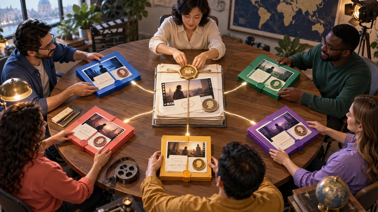Original cinematic editorial illustration: a central source package connects five collaborators’ colored work packages: one for Simplified Chinese source proofreading, four for Traditional Chinese, English, Japanese and Korean localization. No flags or readable text; not a product screenshot.