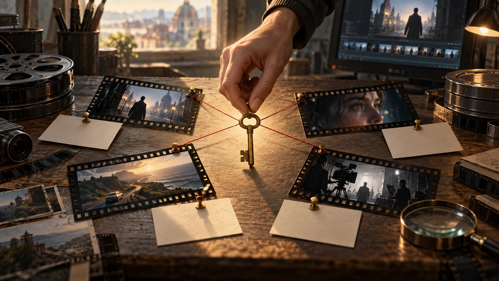 Original text-free cinematic illustration: a content lead in a dim editing room compares a replaced key-handover shot with subtitle tracks, trailer clips, demo footage and press-kit thumbnails. Warm and cool light illuminate the workstation. Not a real product screenshot.