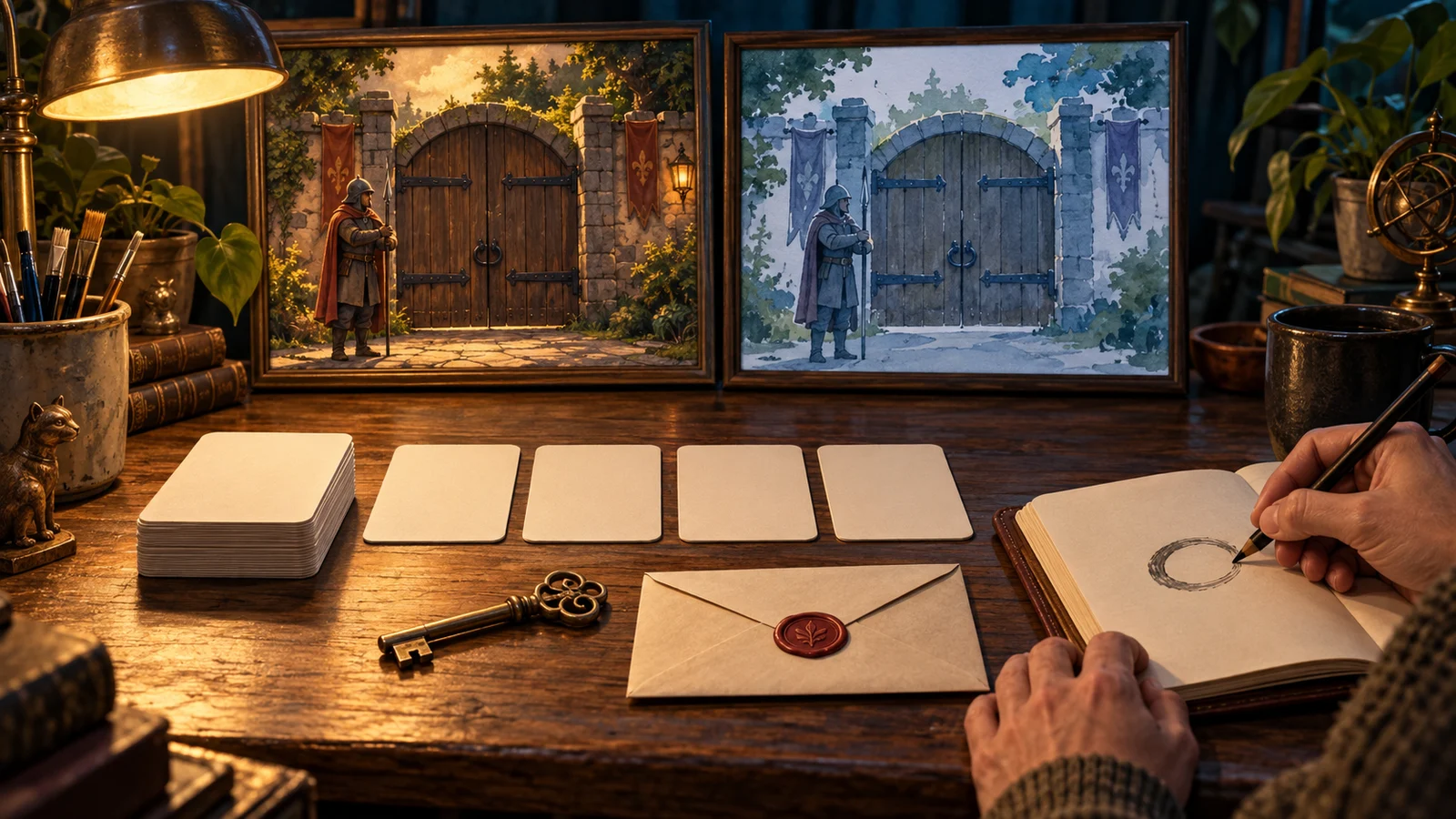 Original cinematic concept illustration: wordless rule cards, a key and an envelope lie on a wooden desk beside a creator taking notes. Two small screens show the same gatekeeper scene in different art styles; both gates are closed. No text, robots, AI symbols, code or real product interface.