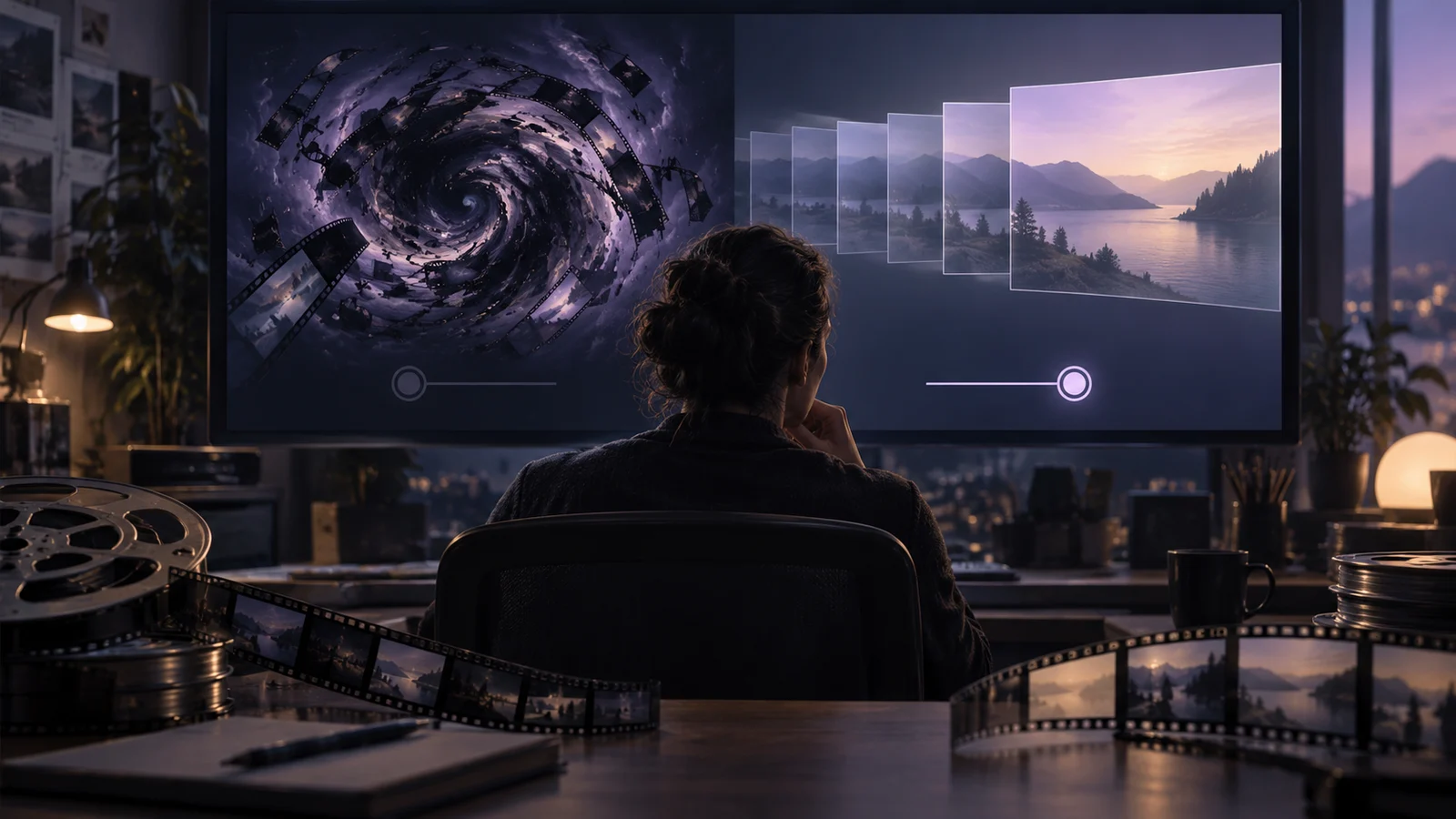 Original cover illustration of a director choosing between a swirling transition and a stable dissolve in a post-production…