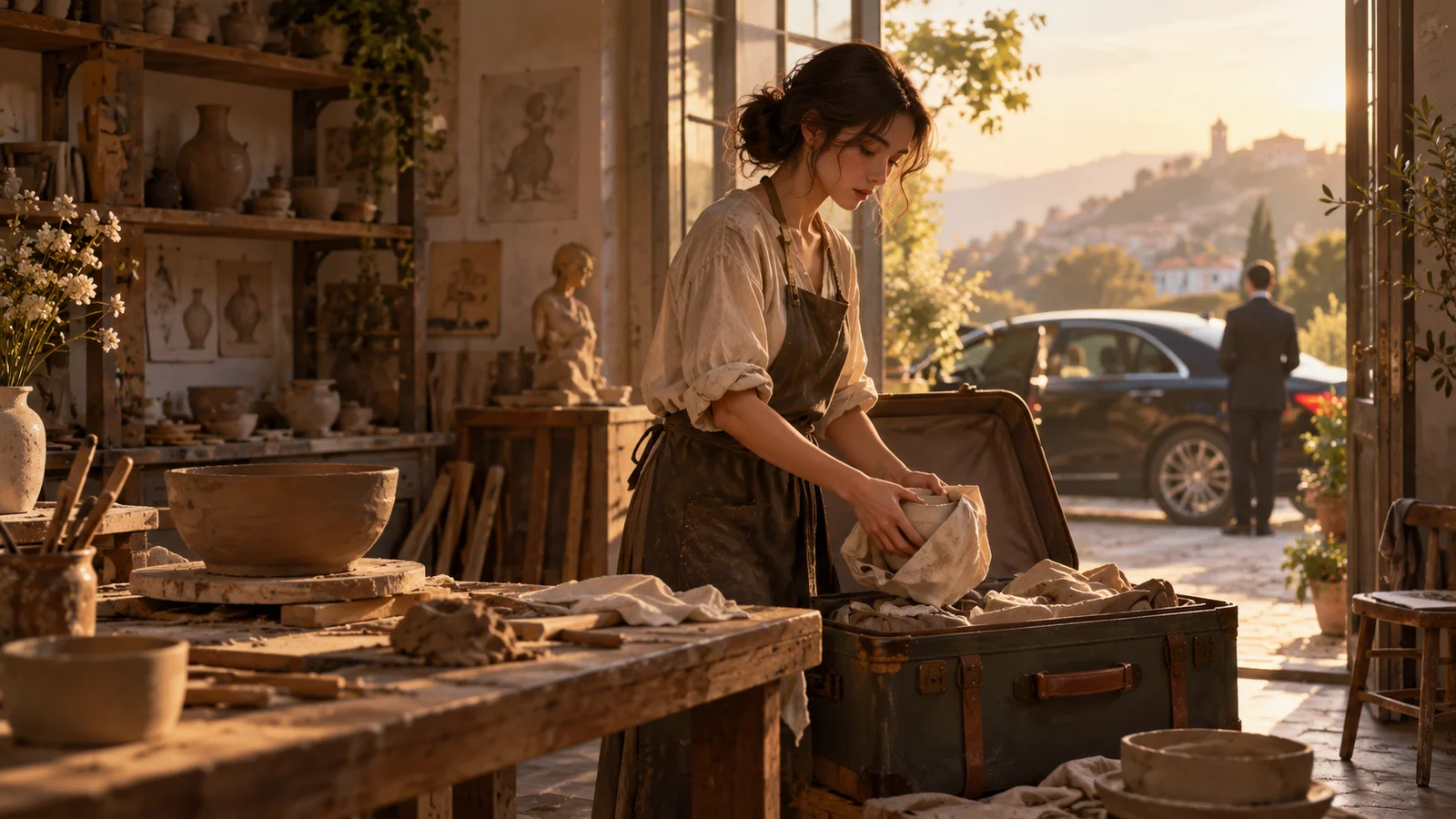 Cinematic editorial illustration: In a pottery studio at dawn, an adult ceramic artist packs her work into a suitcase on…