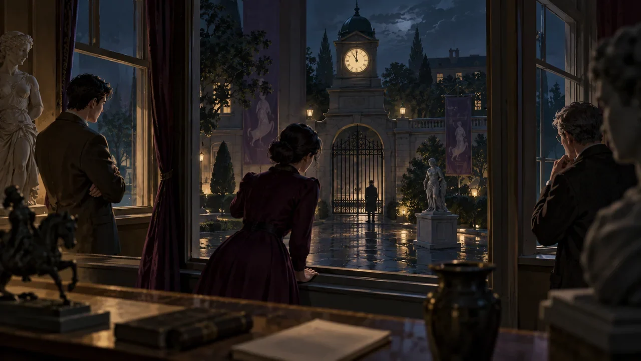 Three witnesses stand at separate windows around one visible north gate and central clock, with differing lines of sight while one physical timeline remains fixed.