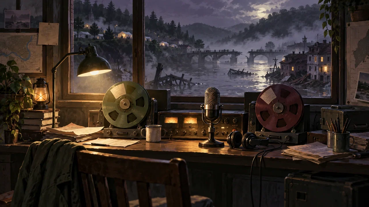 A fictional flooded town's radio desk separates two message reels with their own source tokens, while through the window a bridge remains partly obscured by mist.