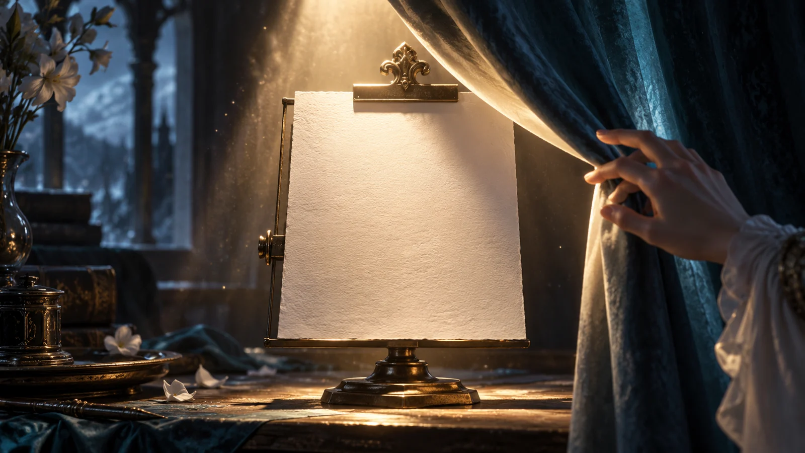 Cinematic editorial illustration: a letter secured by a display clip rests under a spotlight.