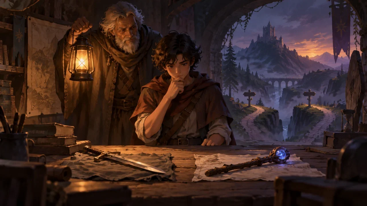 A mentor holds a lantern behind a learner choosing between two tools on a bench, illuminating options without taking the learner's hand.