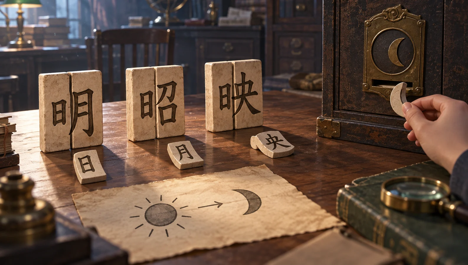 拆字謎如何跨語言改寫：保留推理動作，重做答案載體 主題的原創封面插畫