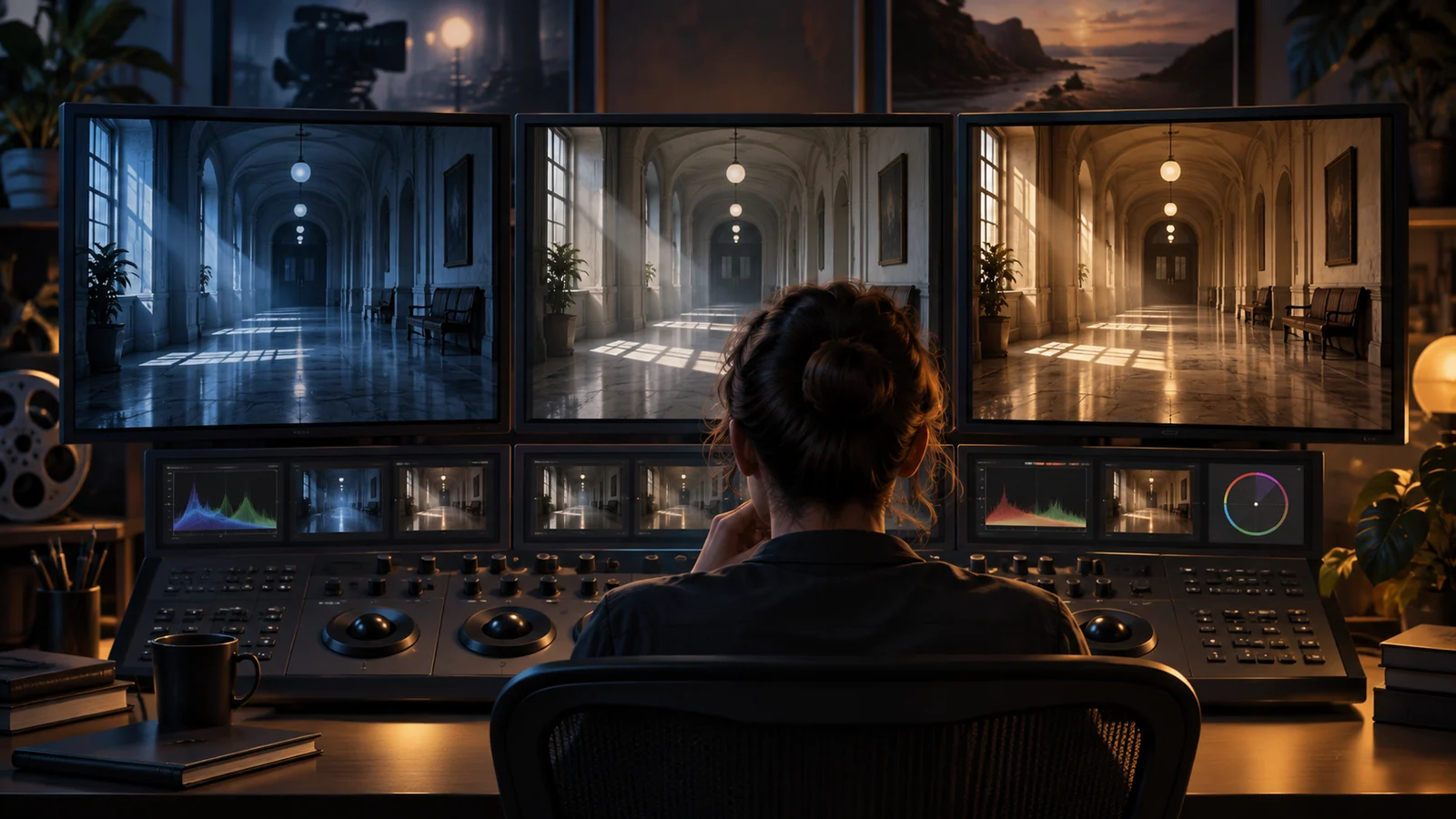 Original cinematic editorial illustration: at a dim workstation, a colorist compares calm and tense corridor images that both retain gray-green walls, warm wall lights, and an elevator at the far end. The two routes return to the same space. No text; not a product screenshot.