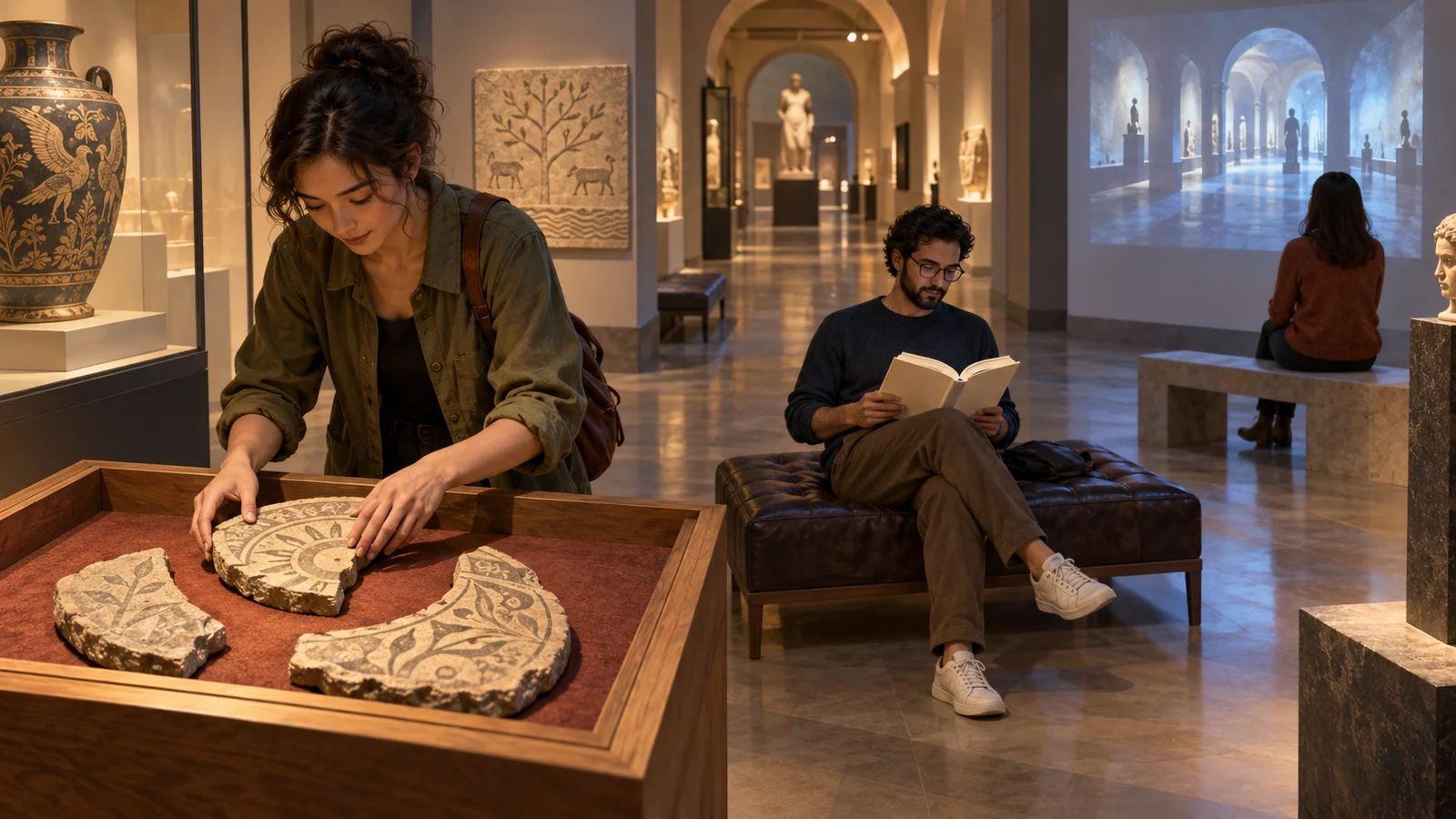 Original cinematic article illustration: under warm lights in a quiet museum, one visitor faces book pages, a small projection, and a box of puzzle fragments; another watches the projection. Reading, viewing, and handling coexist. No readable text in any medium.