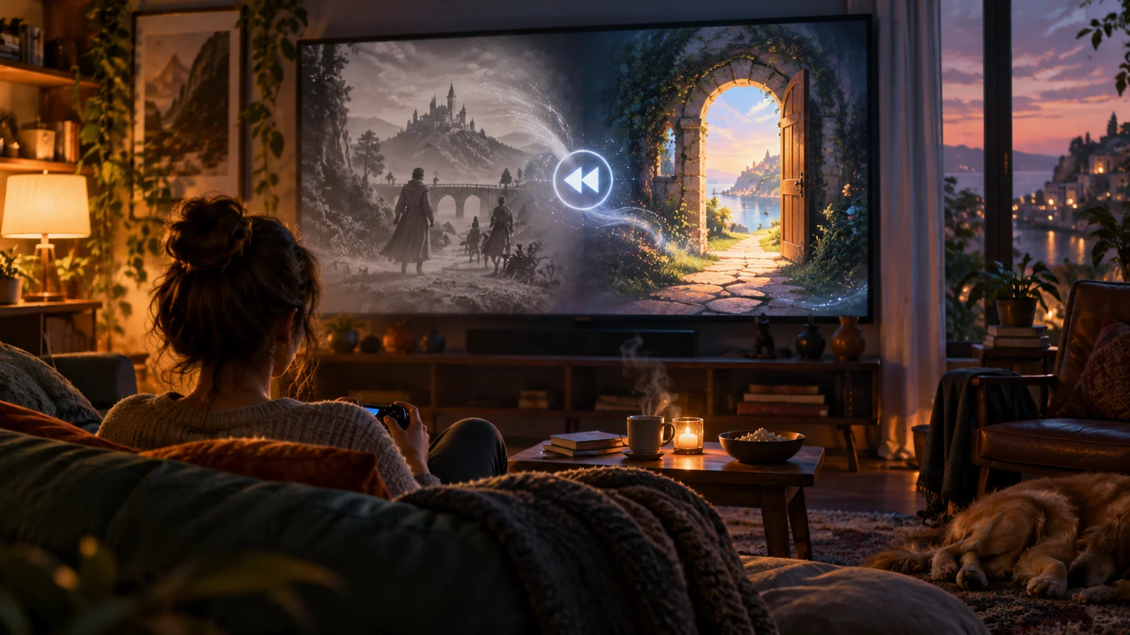 Original cinematic illustration: a writer arranges ferry-pier storyboard cards at a warmly lit desk. Repeated old scenes are set aside, while a pocket-watch close-up connects two new routes. No text; not a product screenshot.